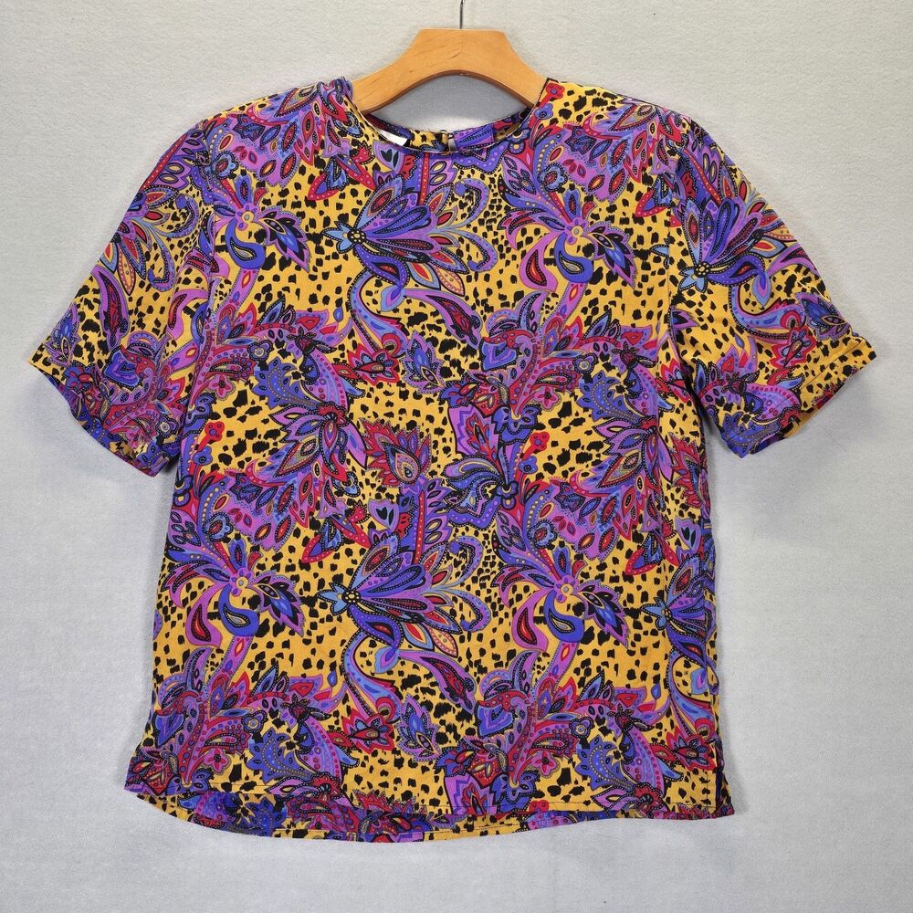 Vintage Christie & Jill 100% Silk Short S Sleeve Multicolor Floral Print Blouse